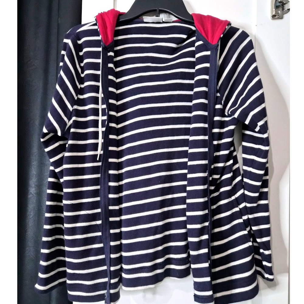 LLBean Navy White Stripe Zip Up Hoodie Cotton Red Lined Size M‎